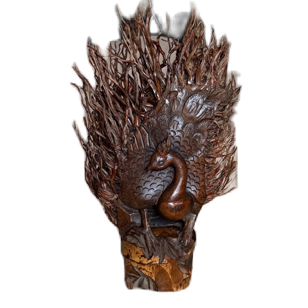 Unique Brown Bamboo Peacock Sculpture